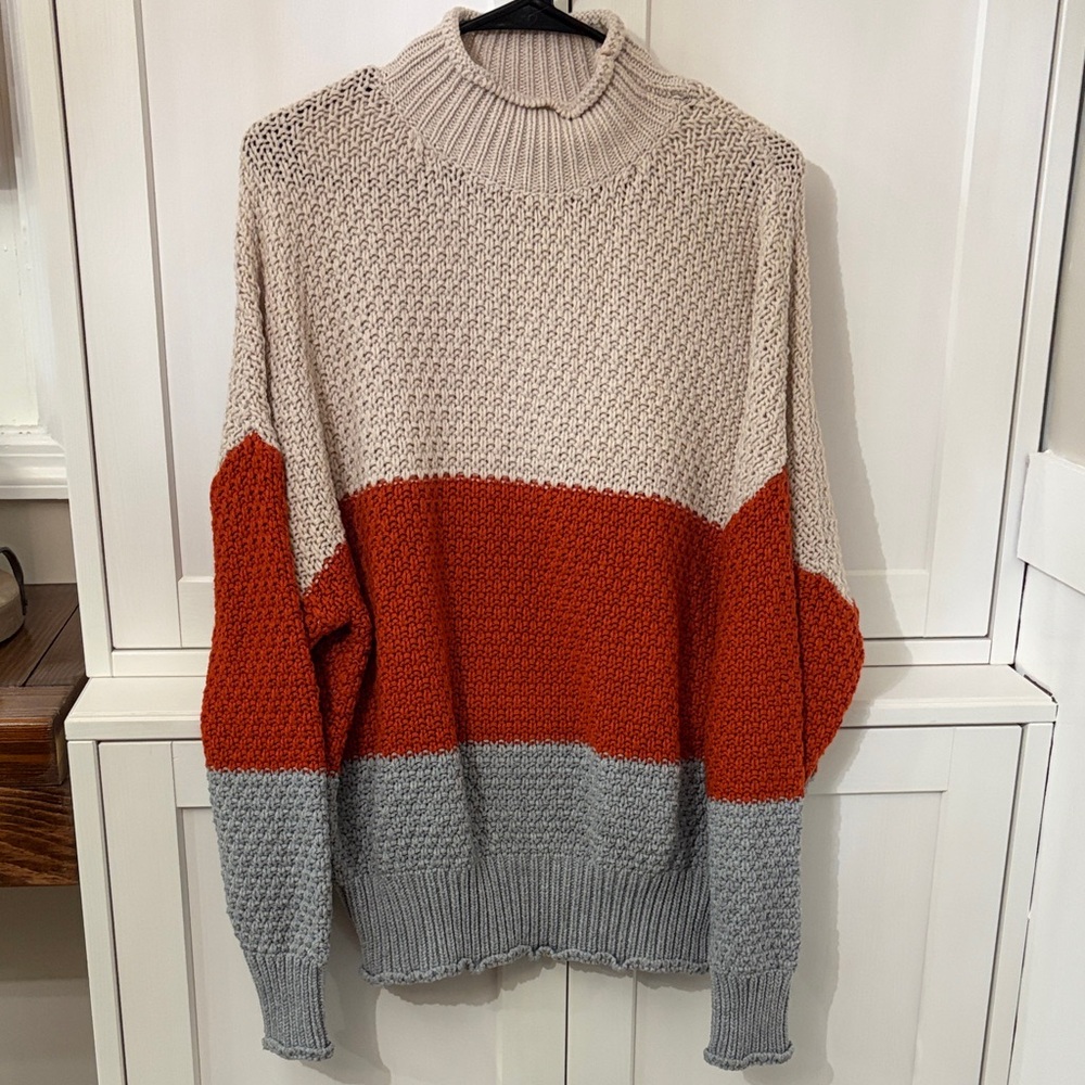 Cozy Colorblock Turtleneck Sweater - Cream, Rust & Gray